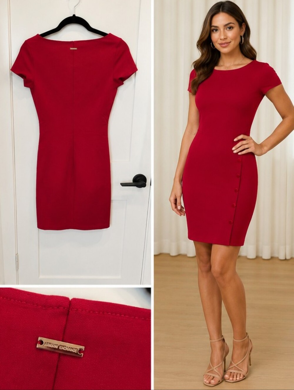 NWT Armani Exchange Red Short-Sleeve Bodycon Mini Dress with Side Buttons